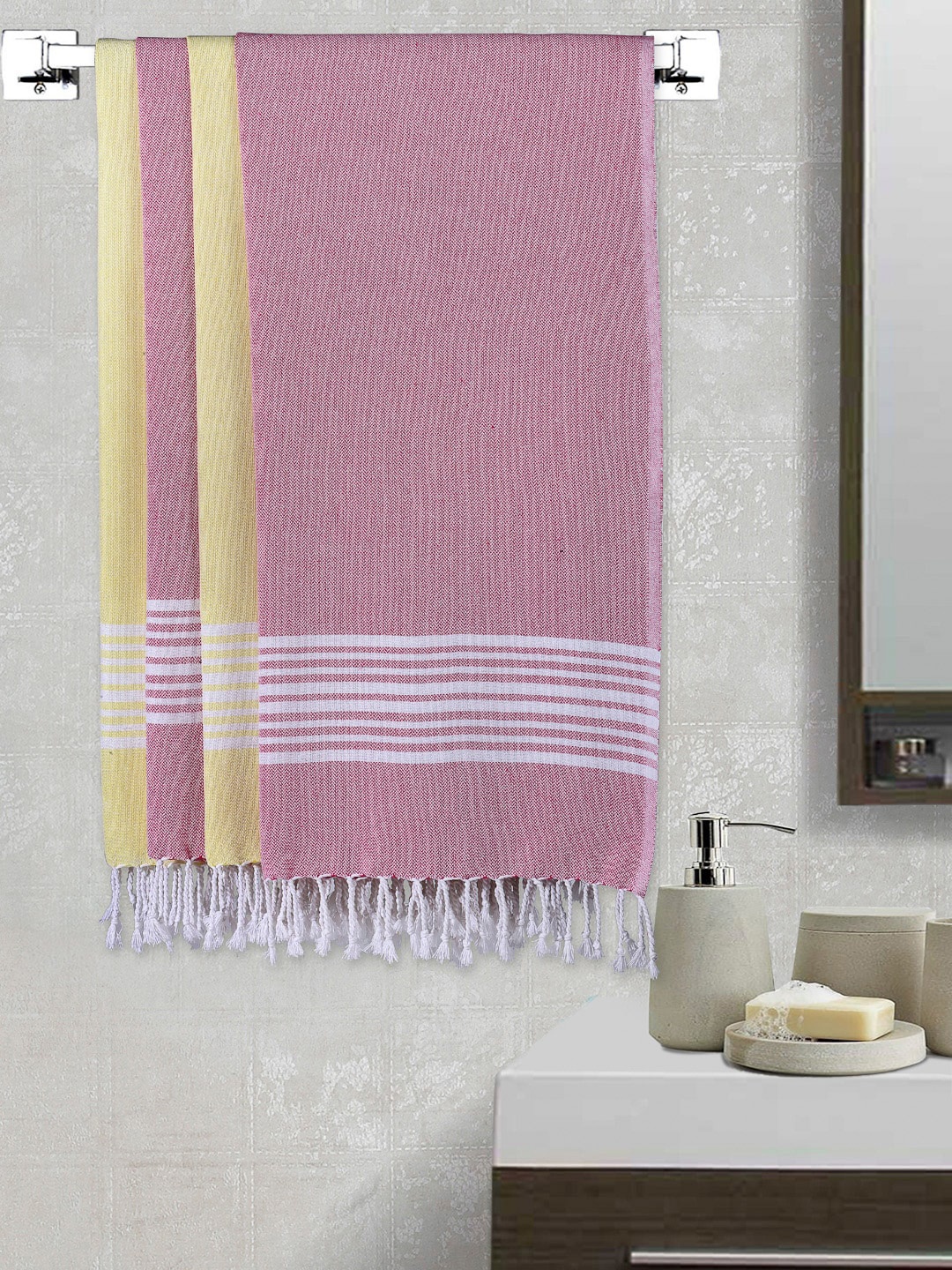

Arrabi Set Of 4 Striped 210 GSM Cotton Bath Towels, Pink