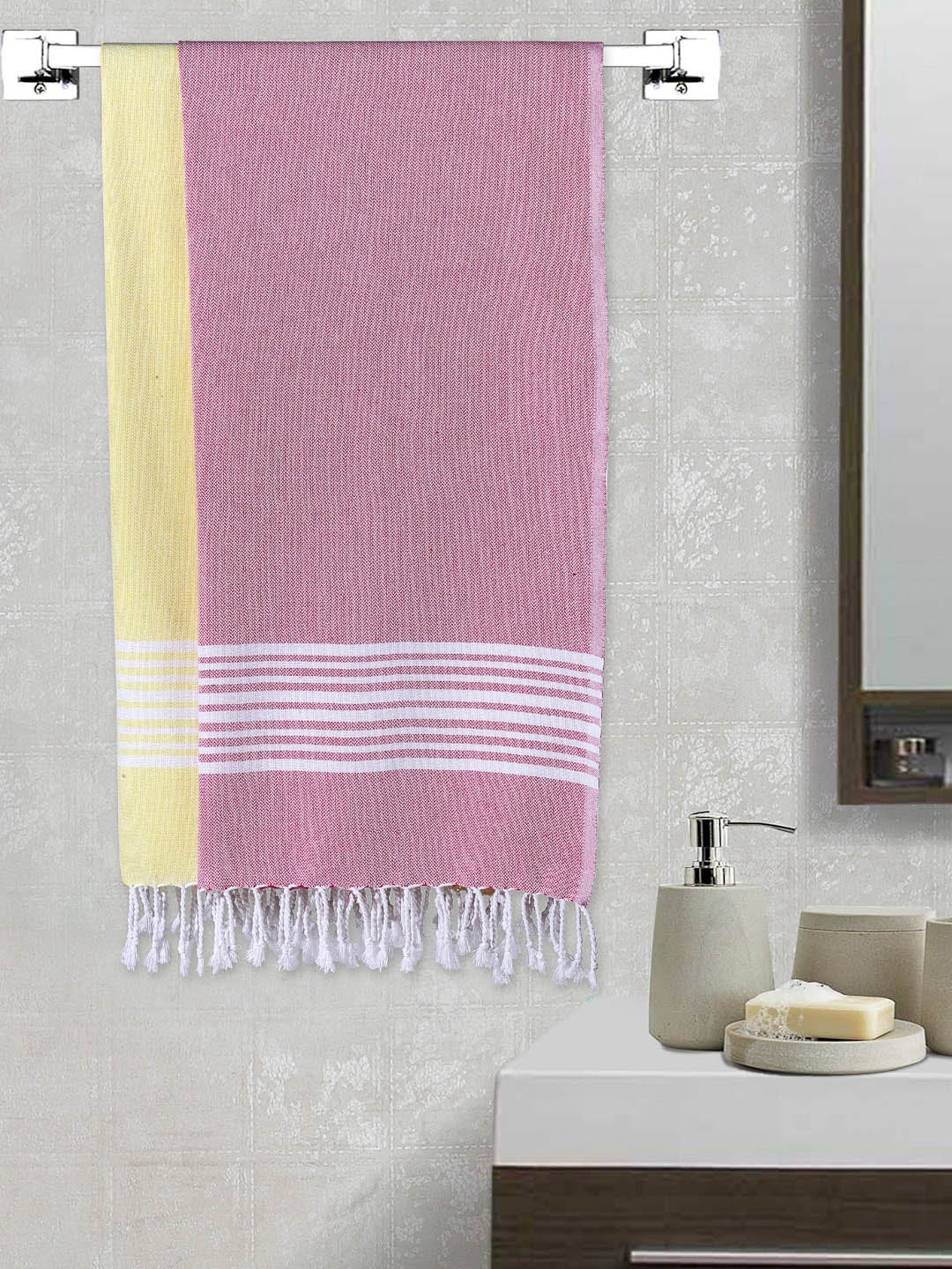 

Arrabi Set Of 2 Striped 210 GSM Handwoven Cotton Bath Towels, Pink