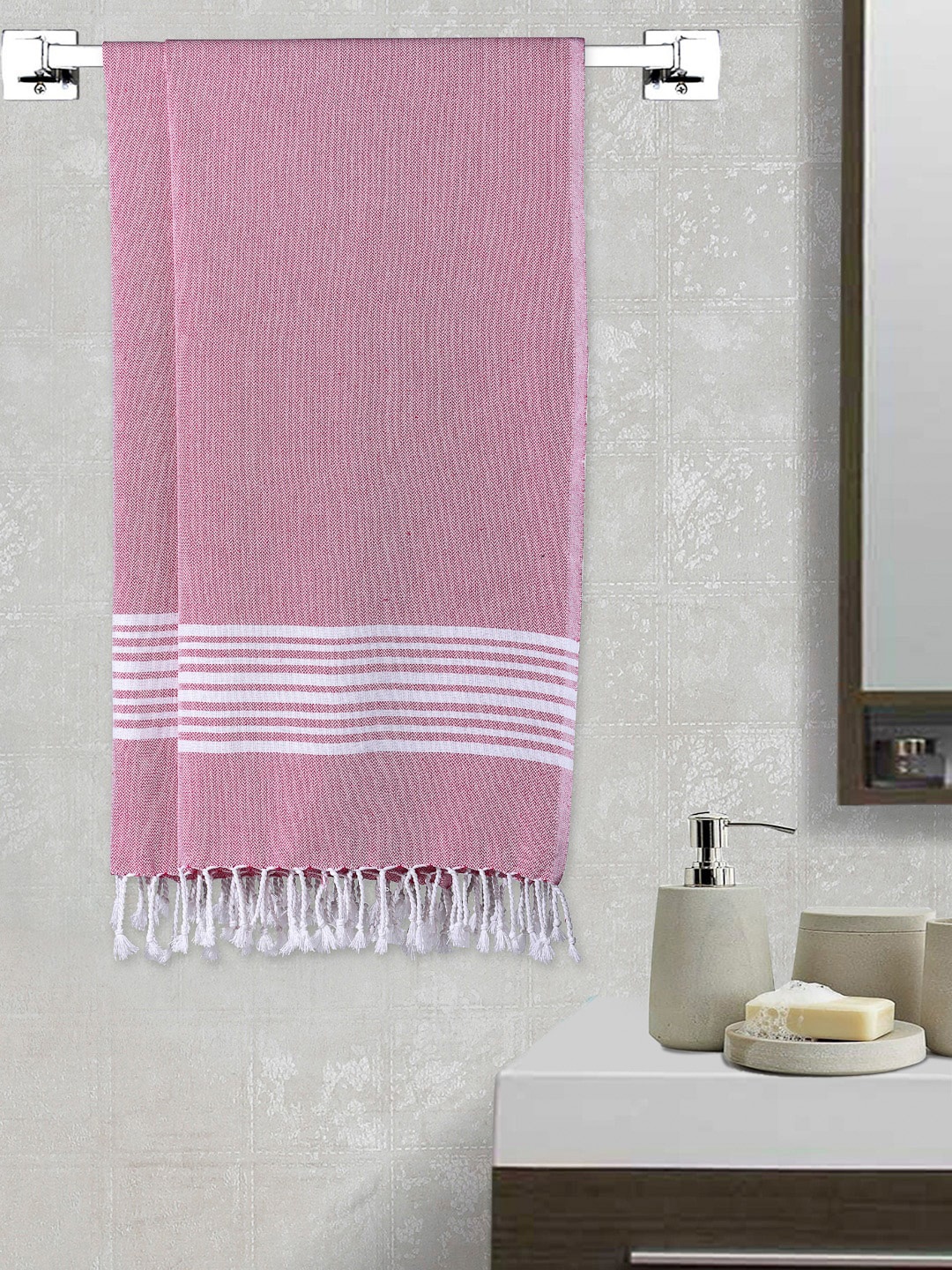 

Arrabi Set Of 2 Pink & White Striped 210 GSM Cotton Bath Towels