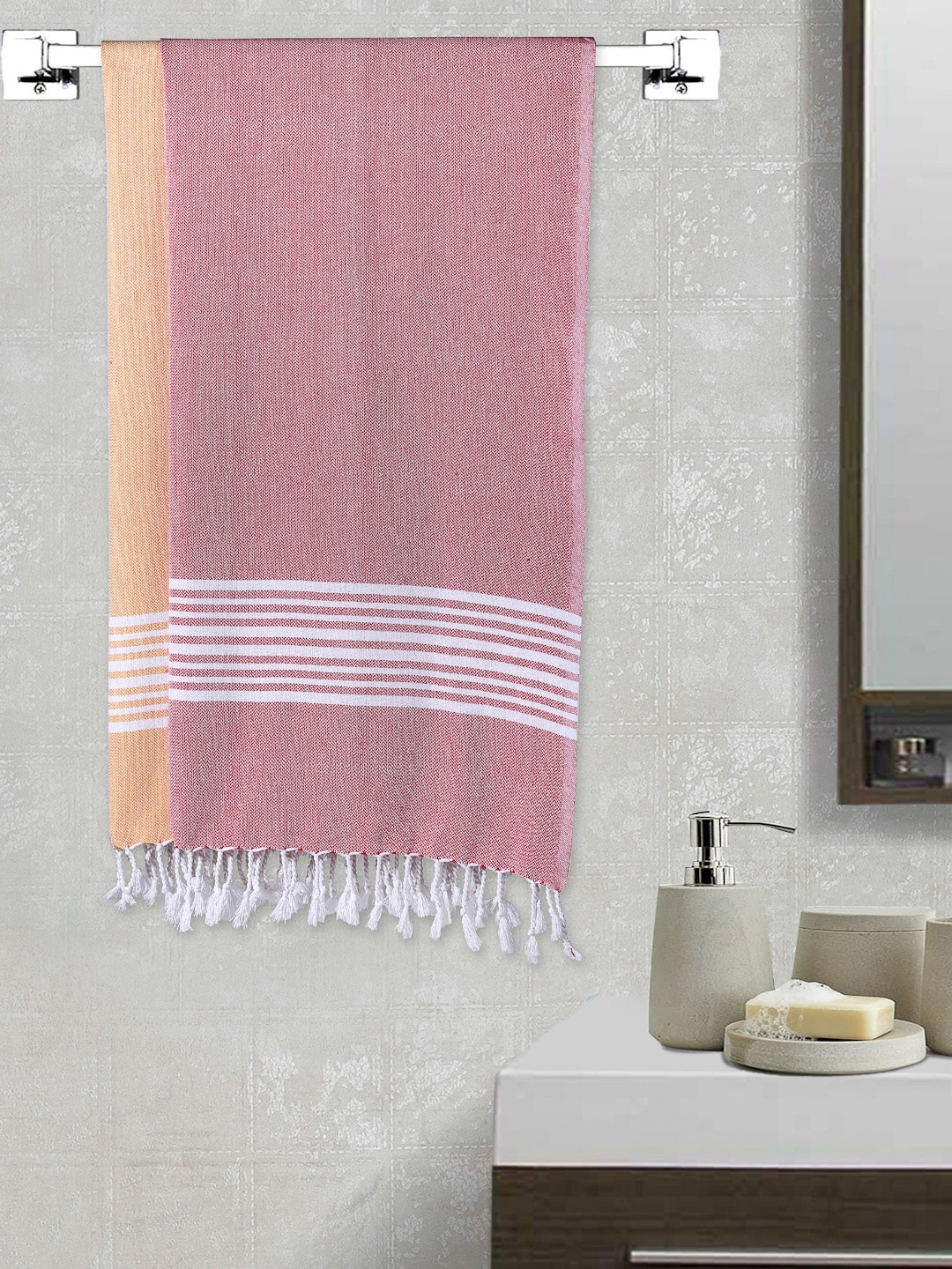 

Arrabi Set Of 2 Striped 210 GSM Cotton Handwoven Bath Towels, Pink