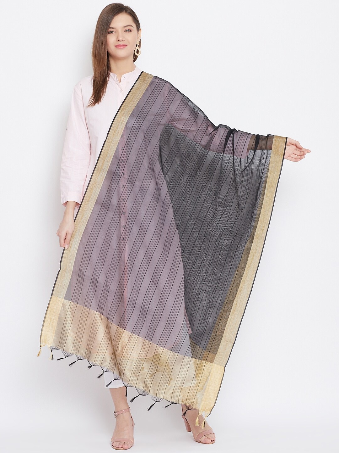 

Clora Creation Grey & Gold-Toned Striped Dupatta