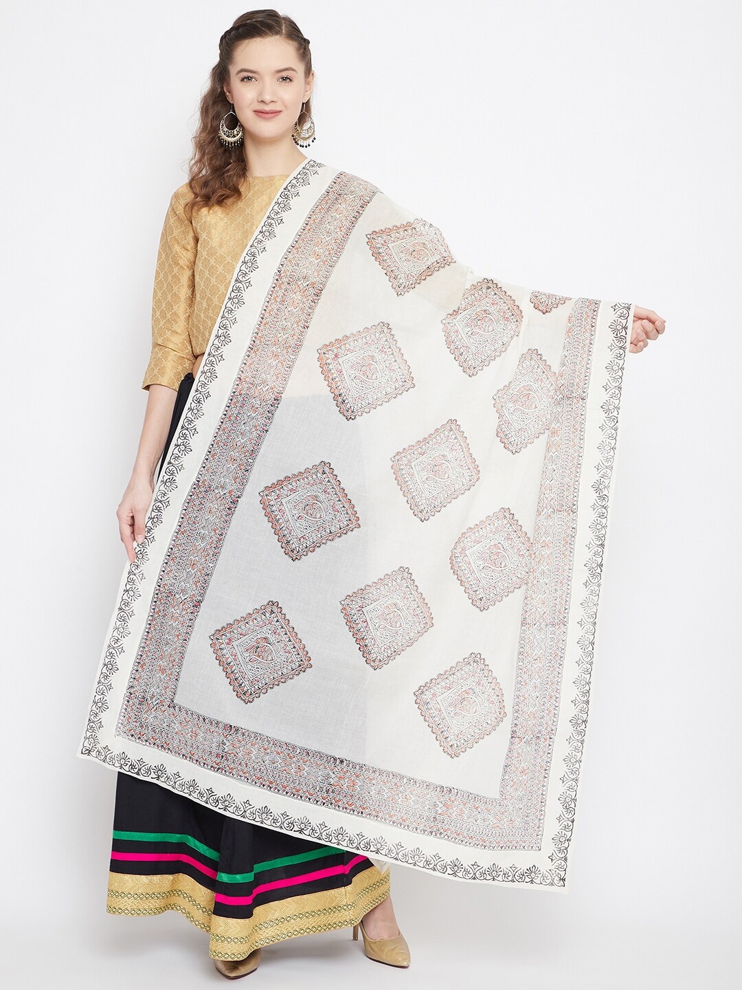 

Clora Creation Cream-Coloured & Brown Printed Dupatta