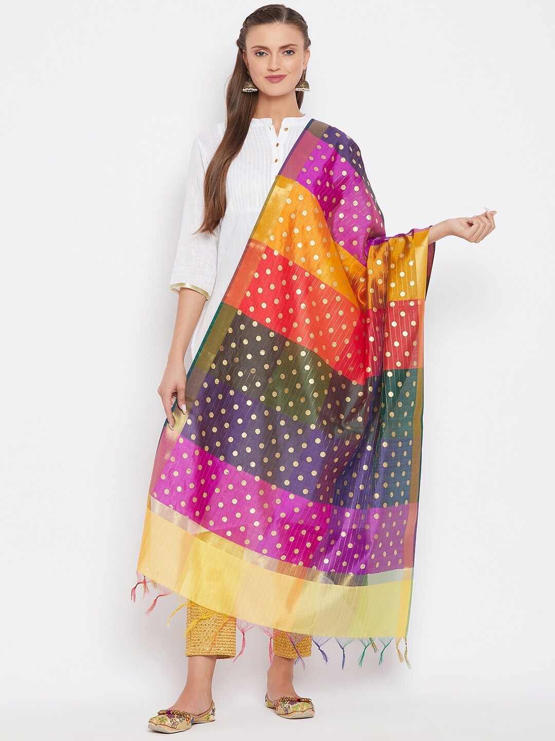 

Clora Creation Yellow & Pink Printed Dupatta with Zari
