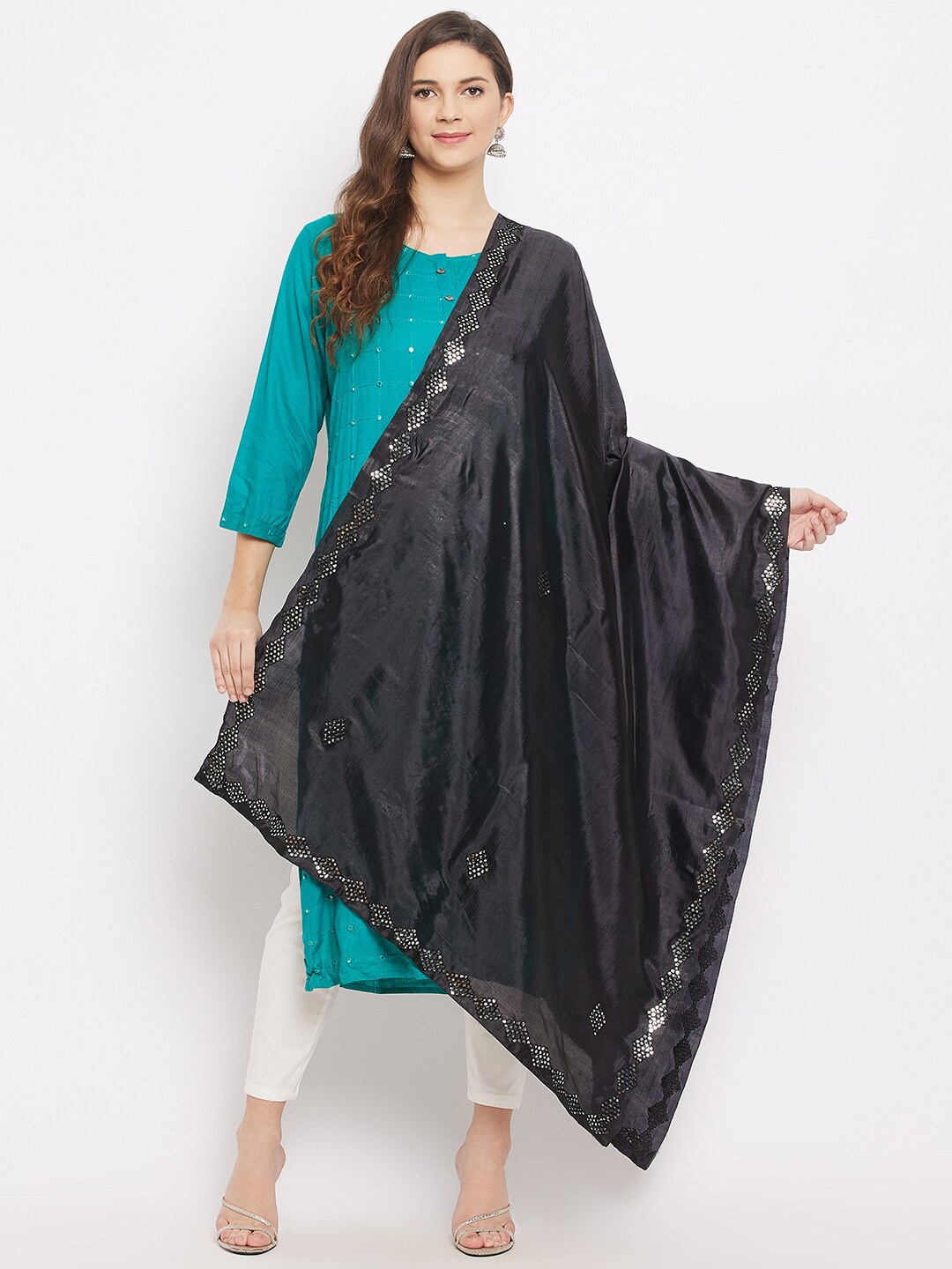 

Clora Creation Black Ethnic Motifs Embroidered Dupatta with Mirror Work