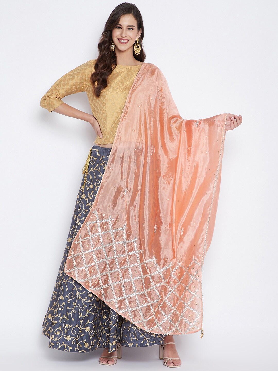 

Clora Creation Peach-Coloured & Silver-Toned Embroidered Beads and Stones Dupatta