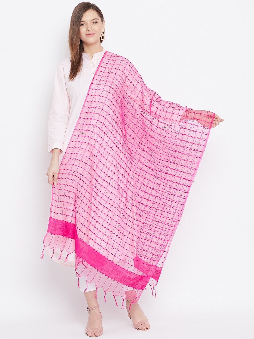 

Clora Creation Magenta Checked Organza Dupatta with Sequinned