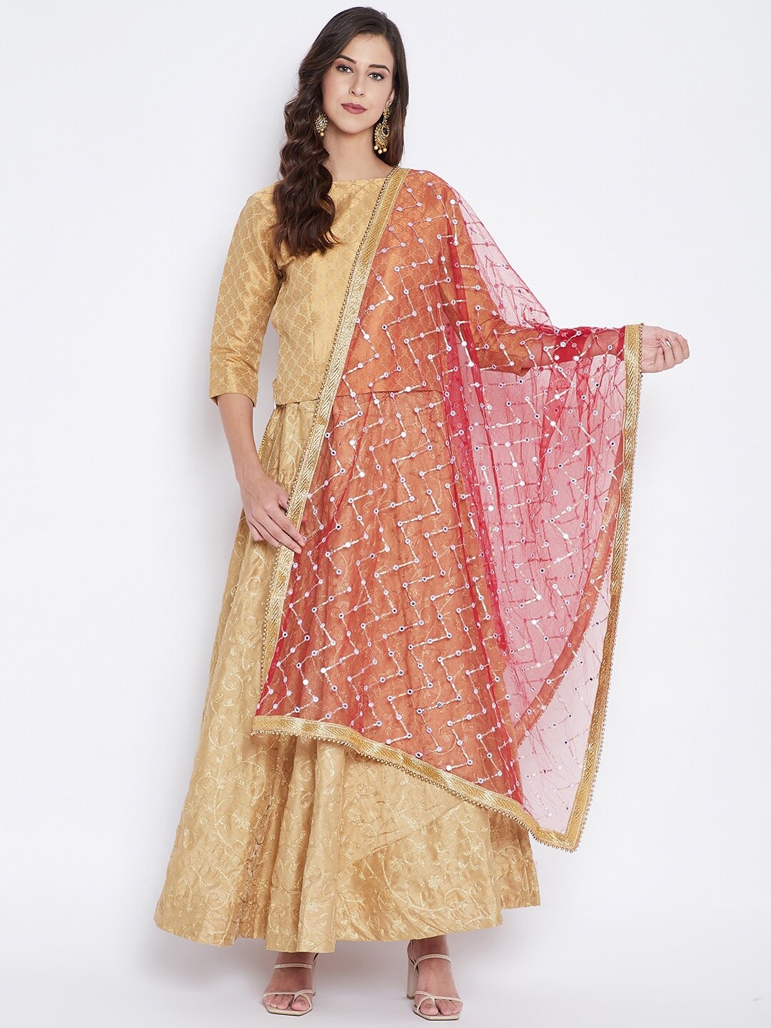 

Clora Creation Maroon & Gold-Toned Embroidered Mirror Work Dupatta