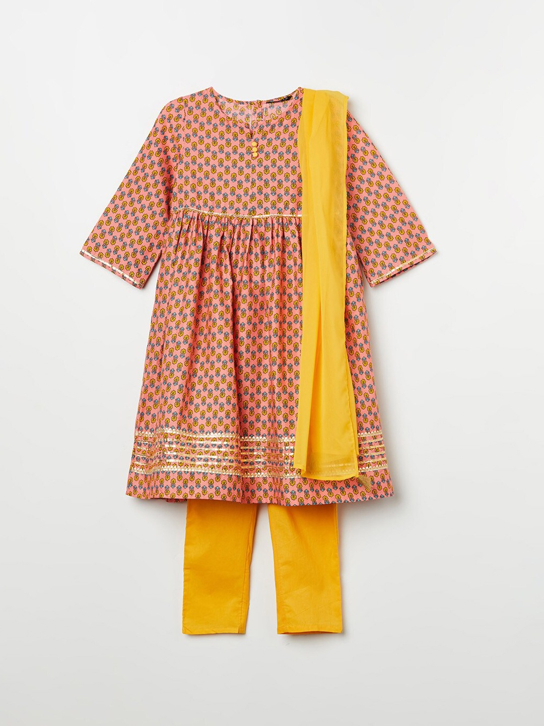 

Melange by Lifestyle Girls Pink & Yellow Printed Kurta & Pyjama with Dupatta