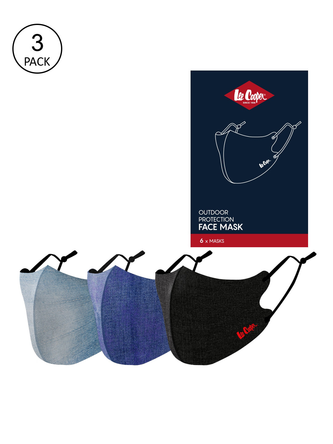 

Lee Cooper Pack Of 3 6-Ply Cotton Washable and Reusable Outdoor Masks, Blue