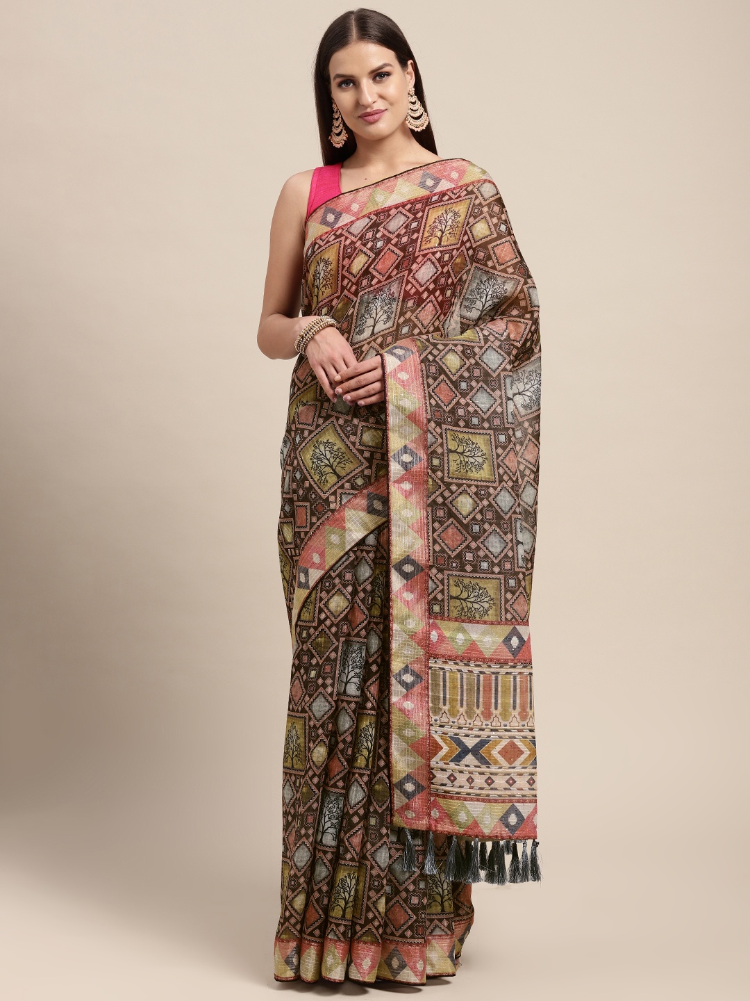 

VASTRANAND Khaki & Multicoloured Kalamkari Sequinned Linen Blend Block Print Saree