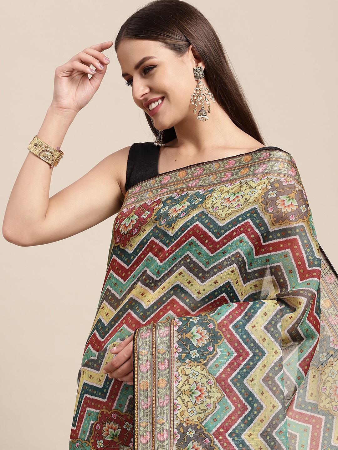 

VASTRANAND Yellow & Multicoloured Kalamkari Sequinned Linen Blend Ikat Saree
