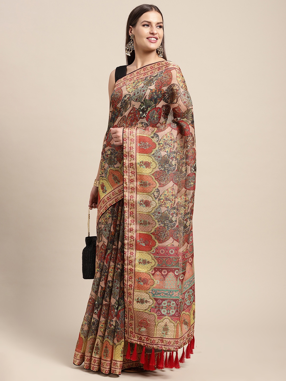 

VASTRANAND Pink & Multicoloured Kalamkari Sequinned Linen Blend Block Print Saree