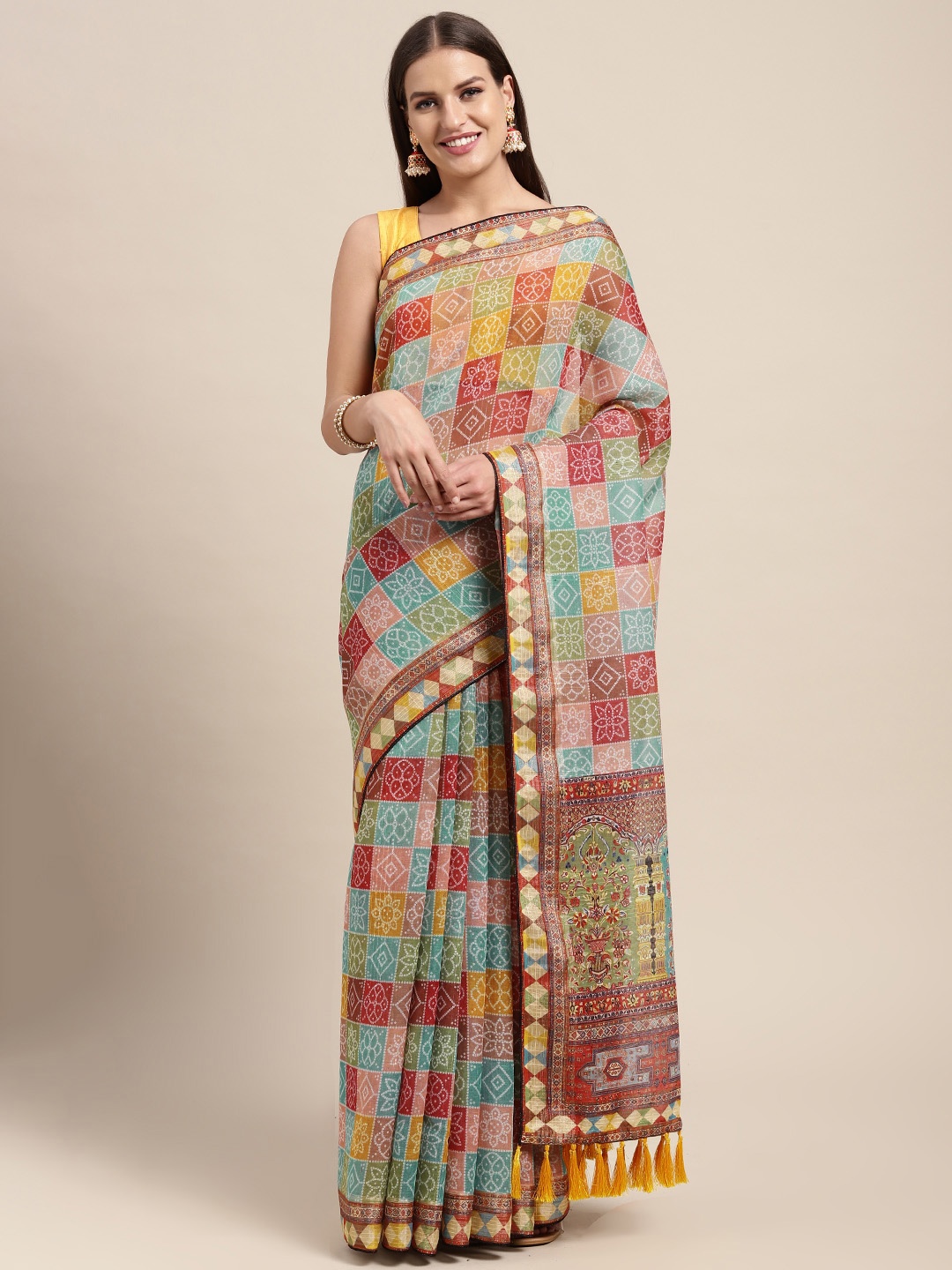 

VASTRANAND Peach-Coloured & Multicoloured Bandhani Print Saree