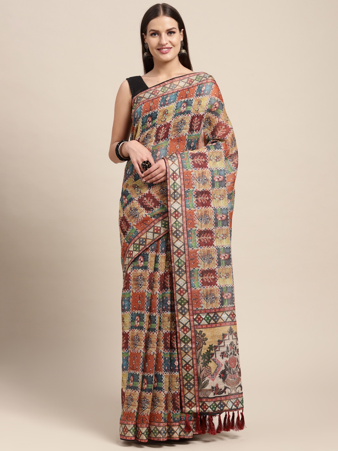 

VASTRANAND Orange & Multicoloured Kalamkari Sequinned Linen Blend Block Print Saree