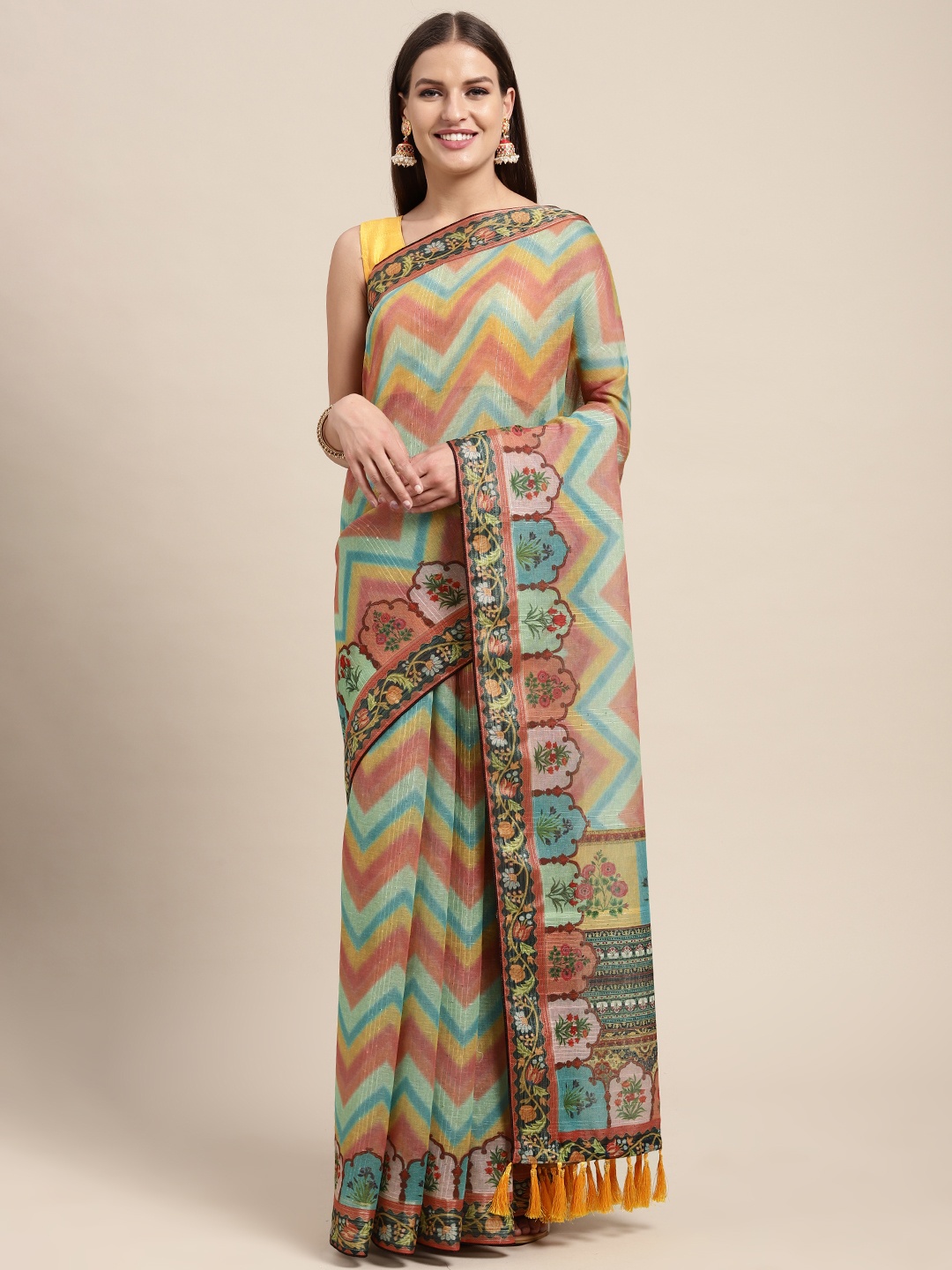 

VASTRANAND Blue & Multicoloured Kalamkari Sequinned Linen Blend Ikat Saree