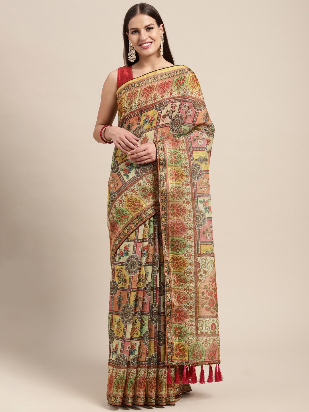 

VASTRANAND Green & Multicoloured Kalamkari Sequinned Linen Blend Block Print Saree