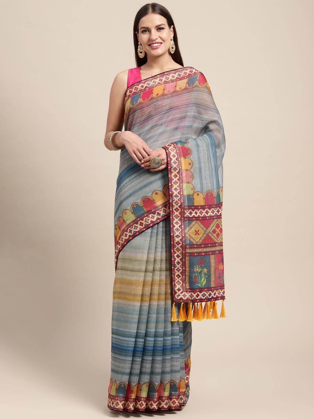 

VASTRANAND Blue & Multicoloured Kalamkari Sequinned Linen Blend Block Print Saree