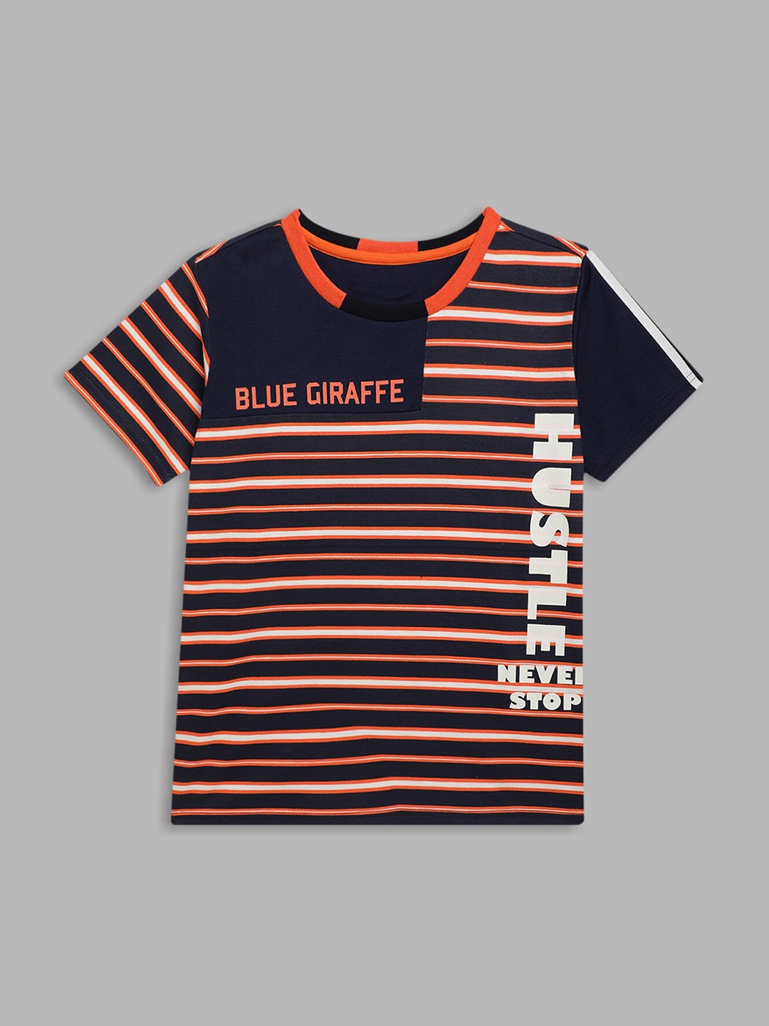 

Blue Giraffe Boys Navy Blue & Orange Striped T-shirt