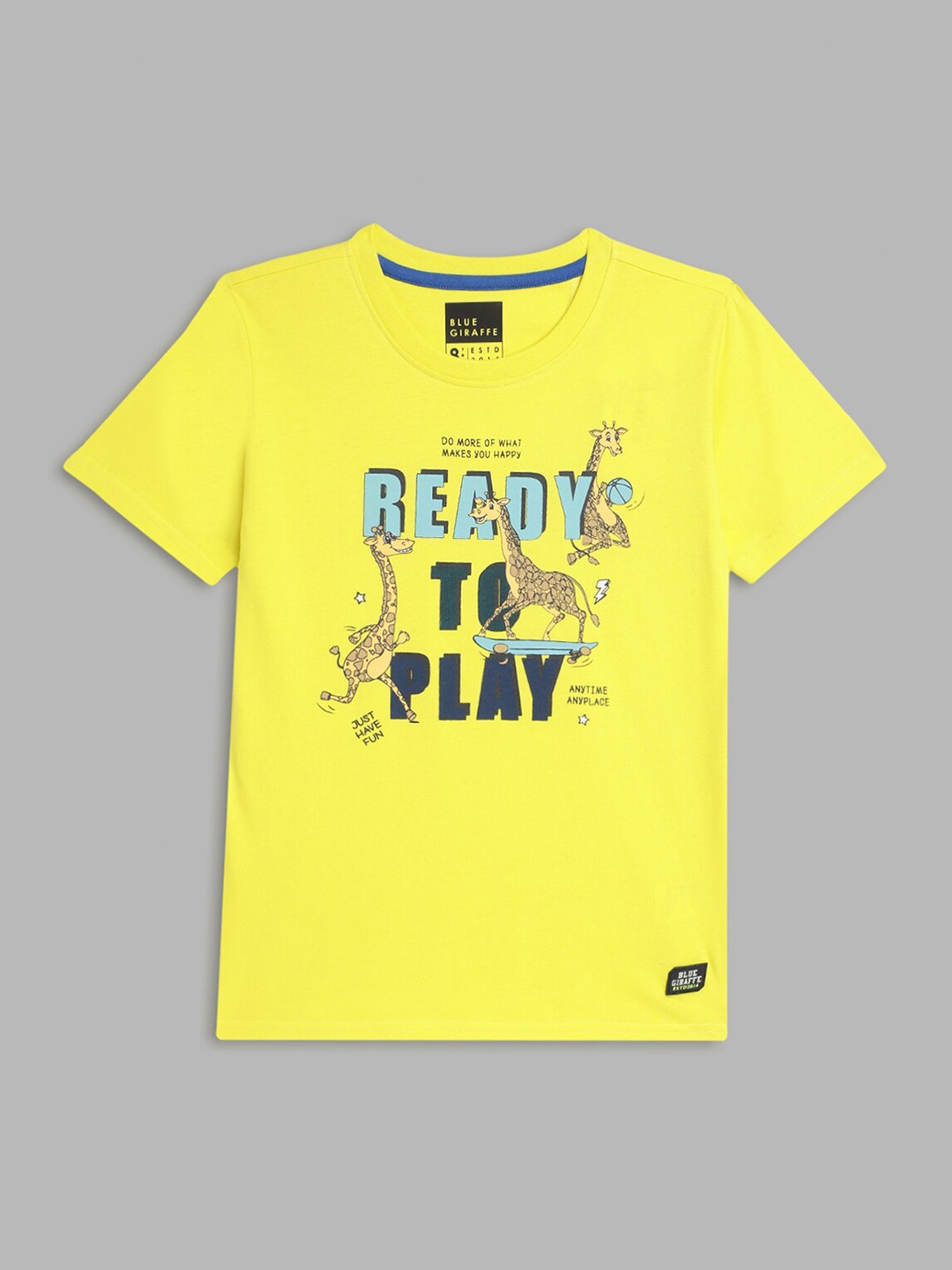 

Blue Giraffe Boys Yellow Typography Printed T-shirt