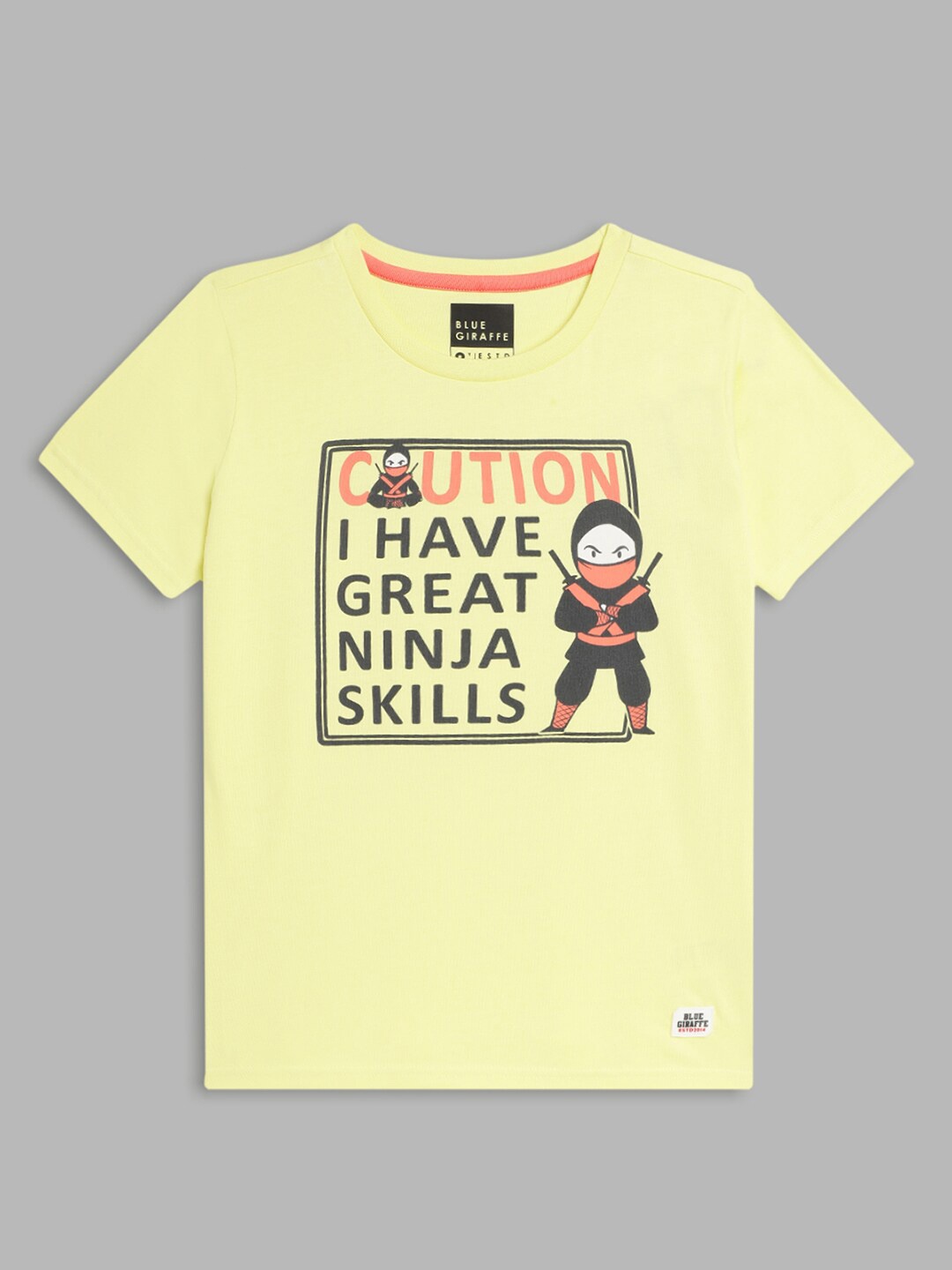 

Blue Giraffe Boys Yellow Typography Printed T-shirt
