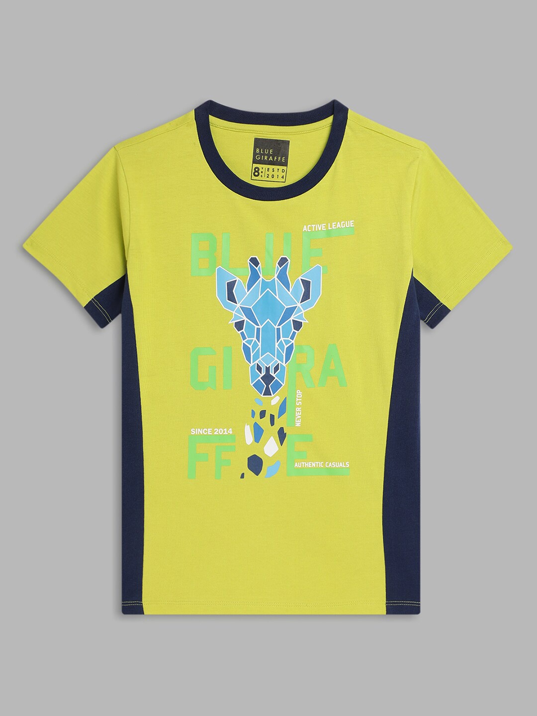 

Blue Giraffe Boys Yellow & Blue Brand Logo Printed Pure Cotton T-shirt