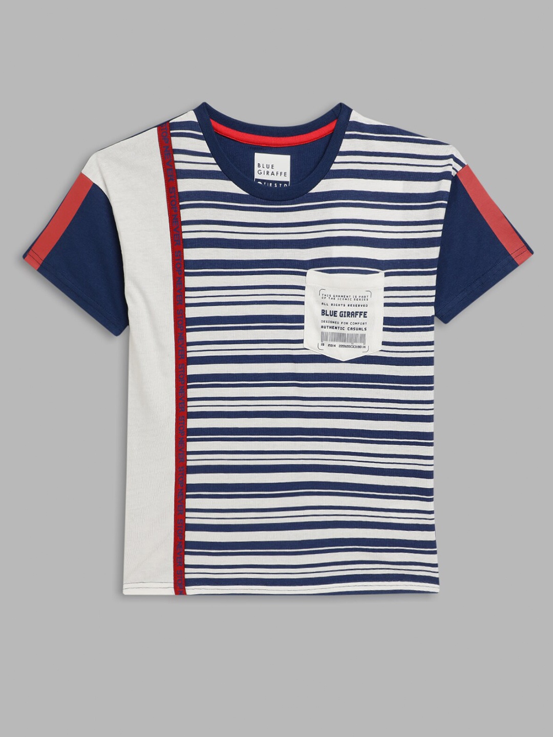 

Blue Giraffe Boys White & Navy Blue Striped Pockets Pure Cotton T-shirt