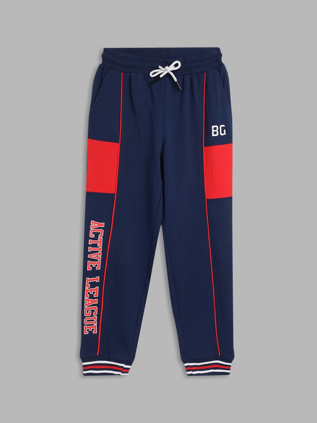 

Blue Giraffe Boys Navy Blue & Red Typography Printed Pure Cotton Joggers