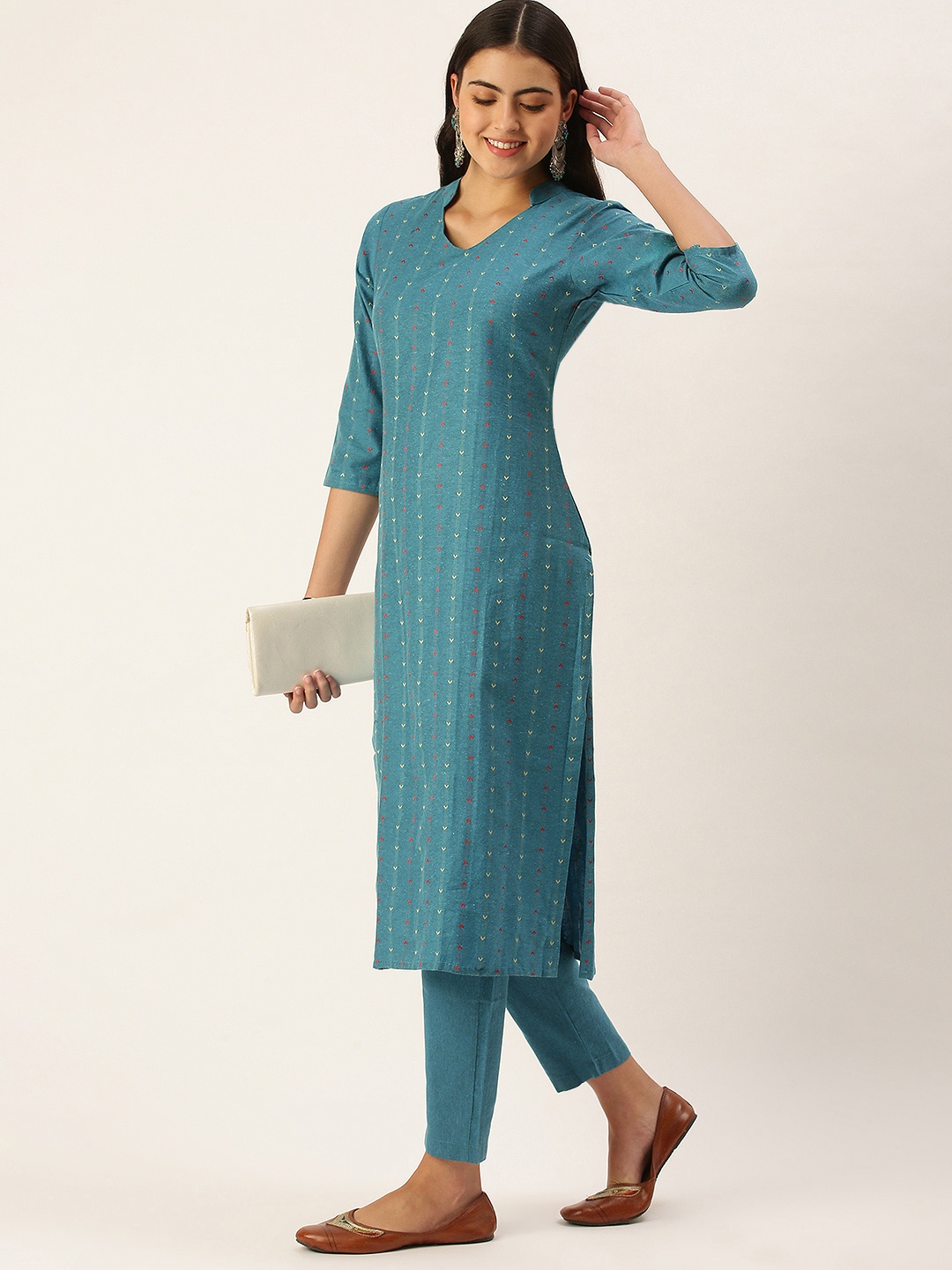 

Saanjh Women Blue Woven Design Kurta with Trousers