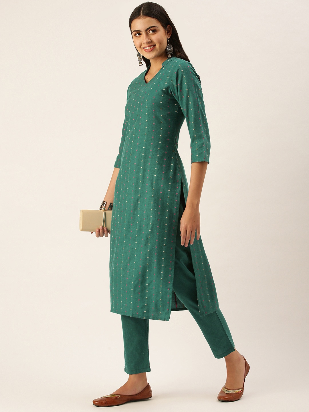 Saanjh Women Teal Green Woven Design Kurta with Trousers