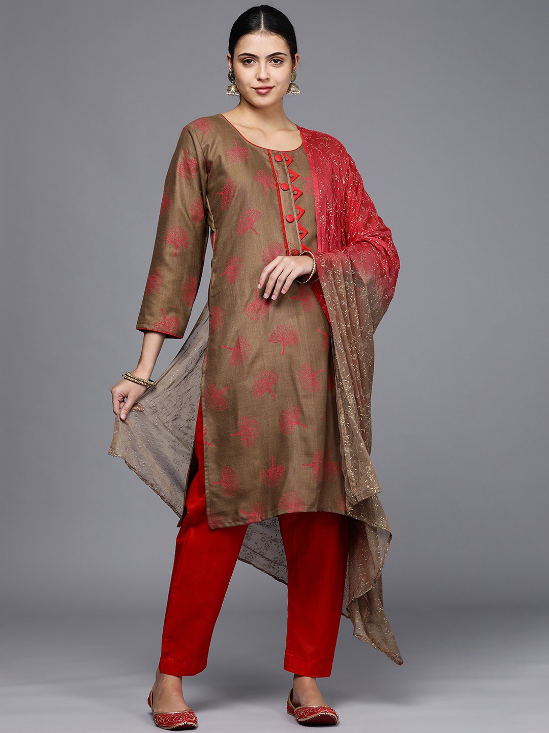 

Mitera Taupe & Red Printed Unstitched Dress Material