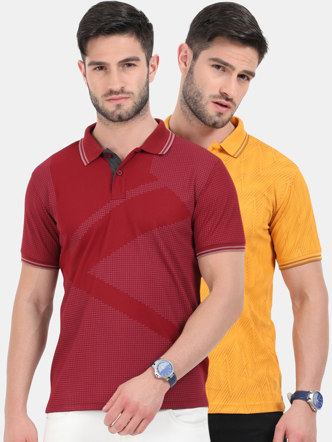 

ARDEUR Men Yellow & Maroon Pack Of 2 Slim Fit Polo Collar Dri-Fit T-shirt