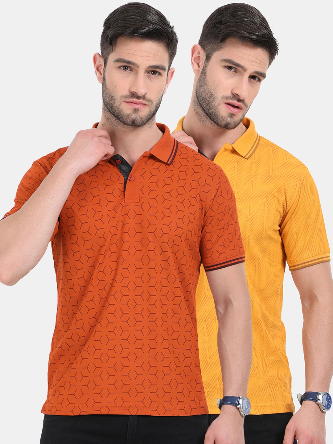 

ARDEUR Men Orange & Yellow Pack of 2 Printed Polo Collar Dri-FIT T-shirt