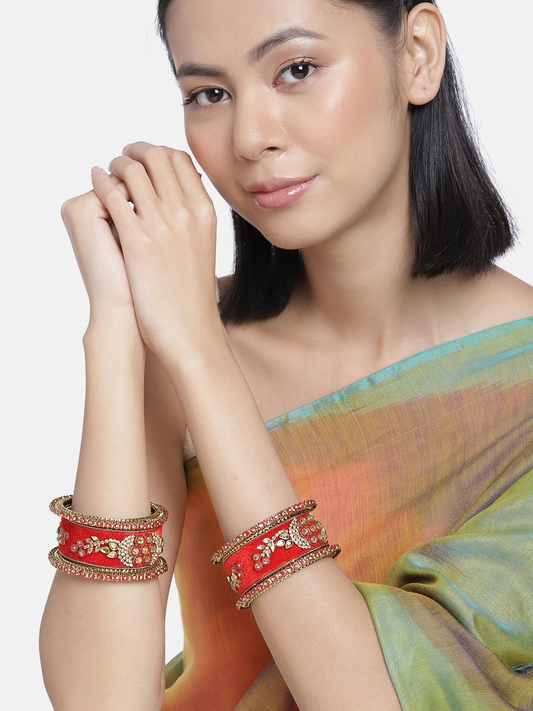 

AccessHer Set of 6 Red Gold-Plated Artificial Stones Studded Bangles