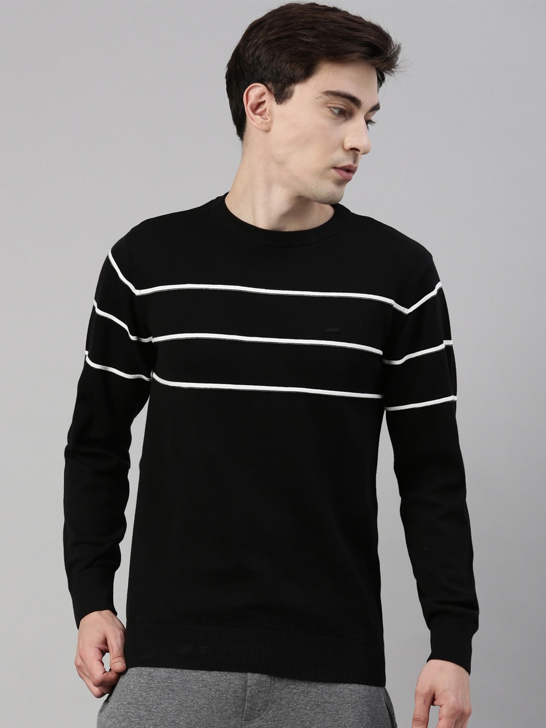 

Proline Men Black & White Striped Pullover