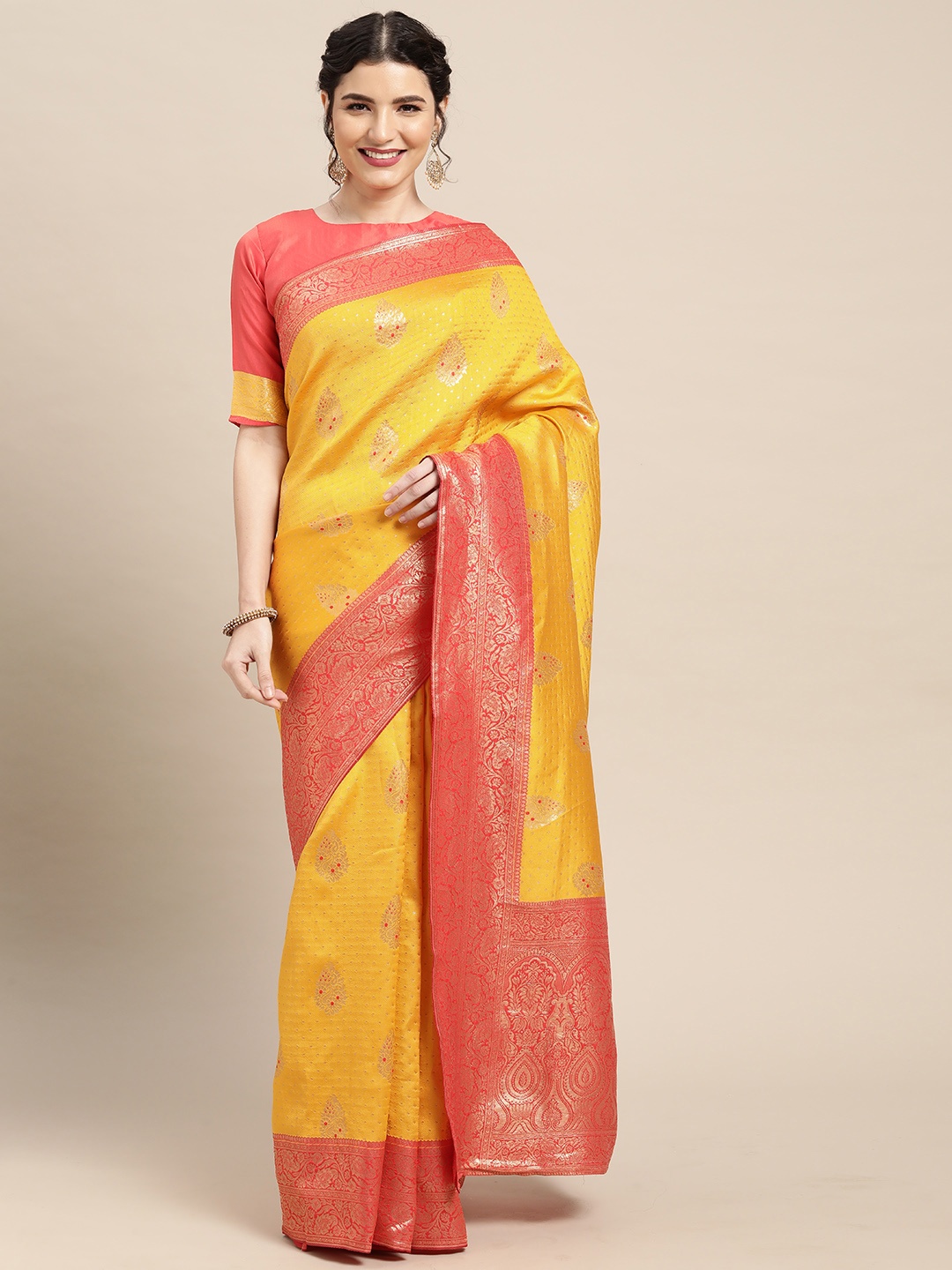 

Saree mall Yellow & Gold-Toned Floral Banarasi Saree