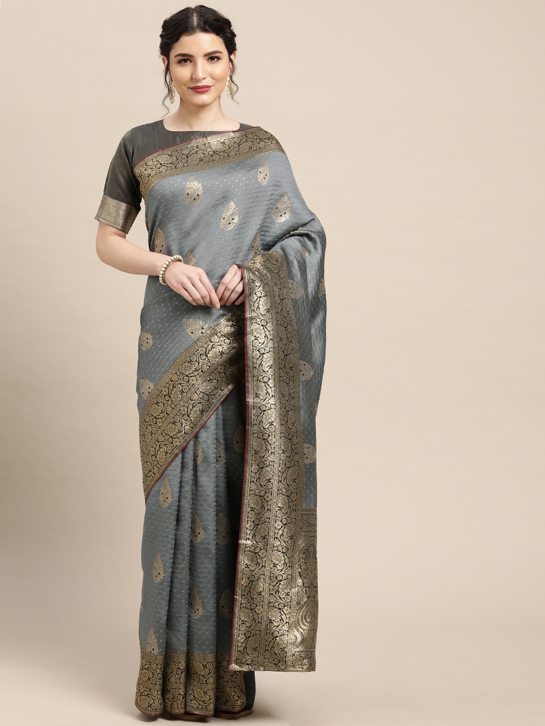

Saree mall Grey & Gold-Toned Floral Silk Blend Banarasi Saree