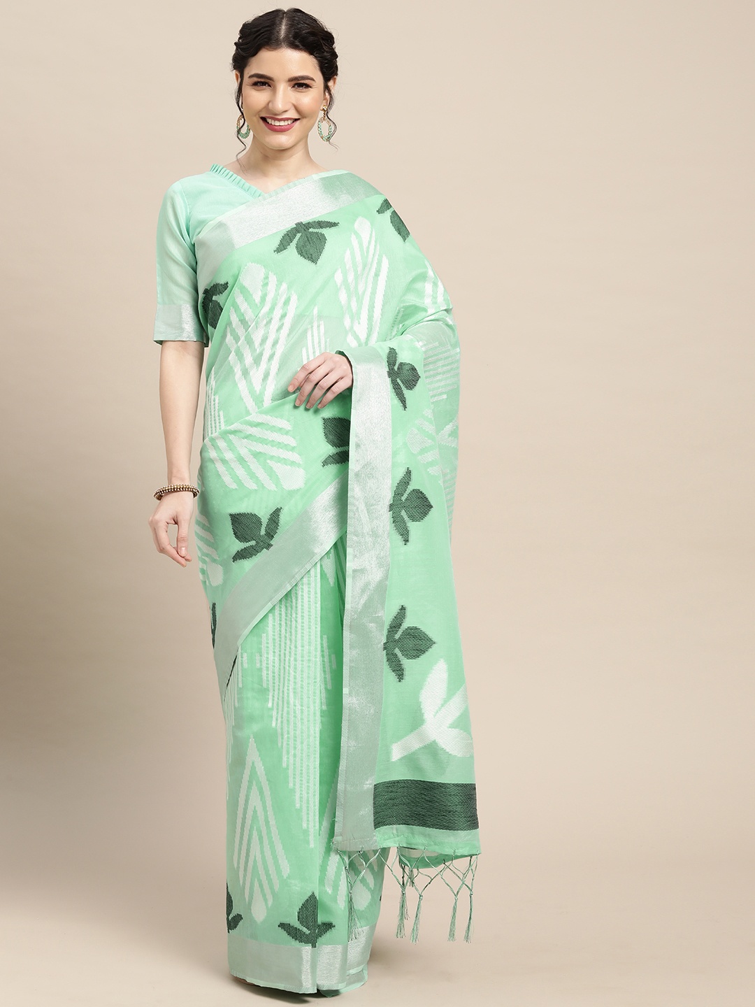 

Saree mall Sea Green & White Geometric Woven Design Uppada Saree