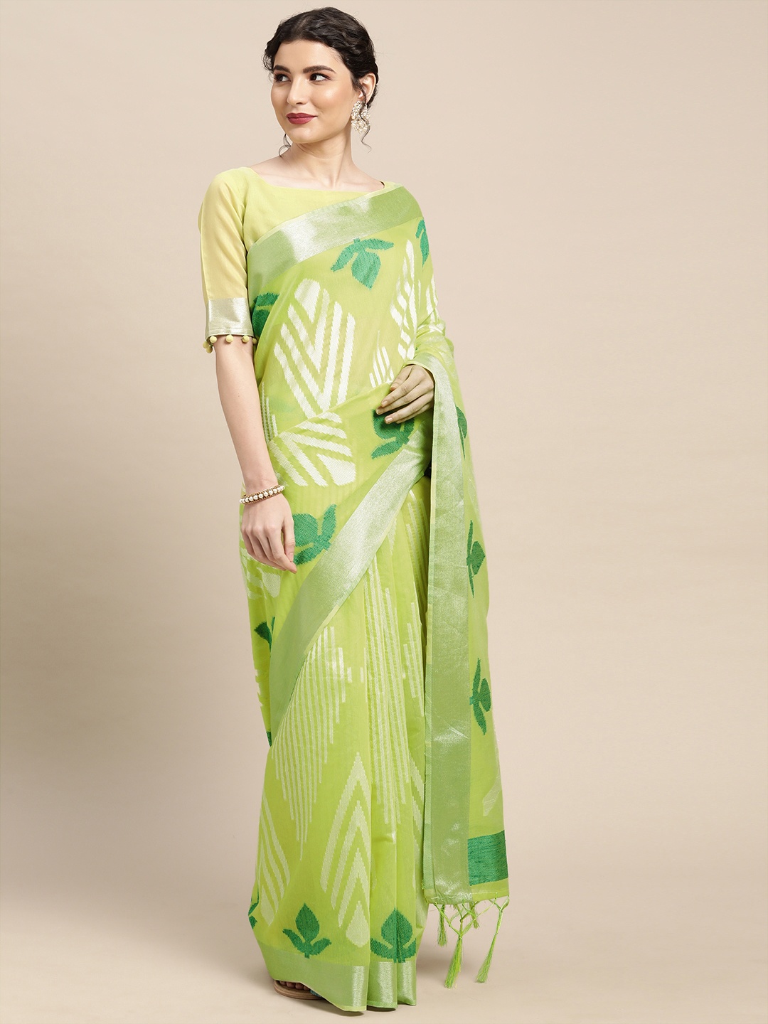

Saree mall Lime Green & Off-White Zari Uppada Sarees