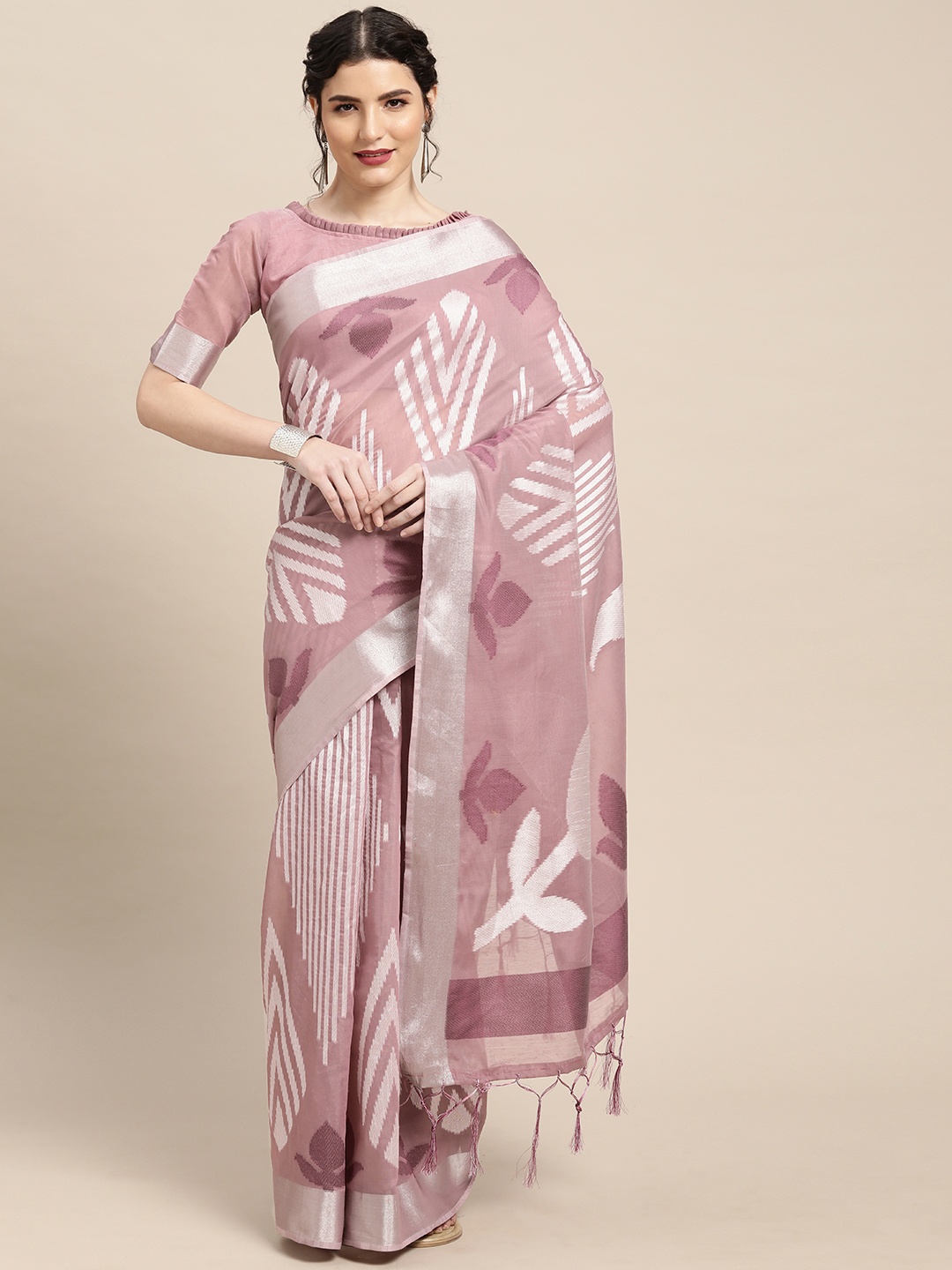 

Saree mall Mauve & Off-White Zari Uppada Sarees