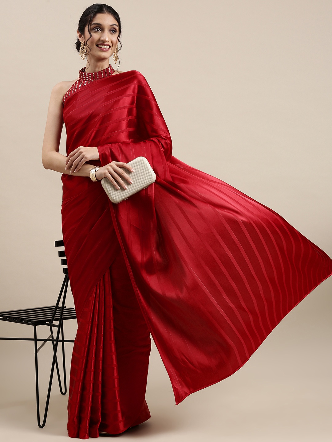 

Saree mall Red Self Design Striped Satin Sarees