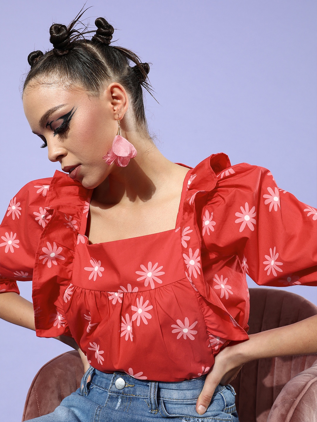 

The Vanca Women Gorgeous Red Floral Feminine Frills Top