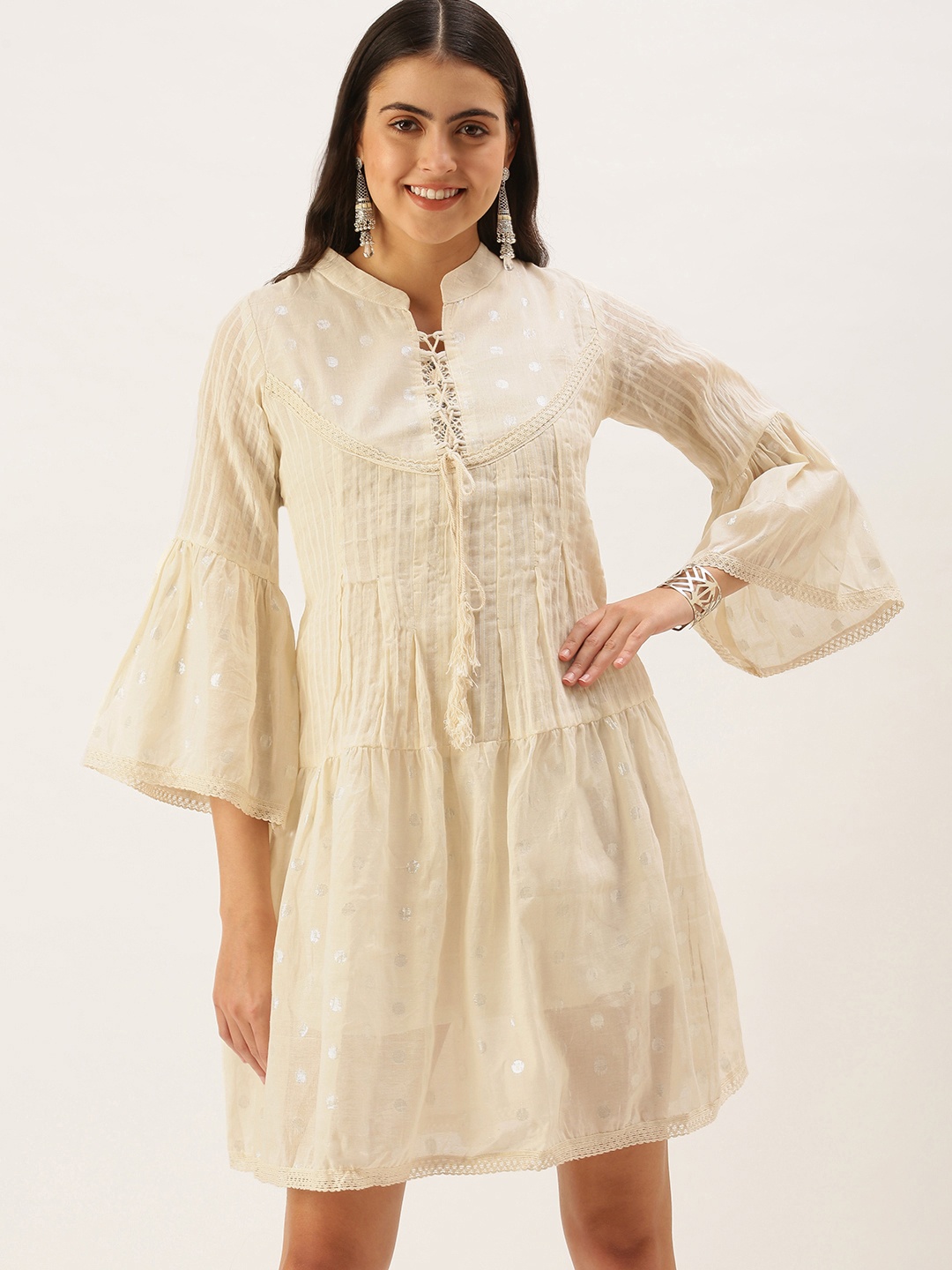 

Saanjh Women Off-White Polka-Dot Print Cotton A-Line Dress