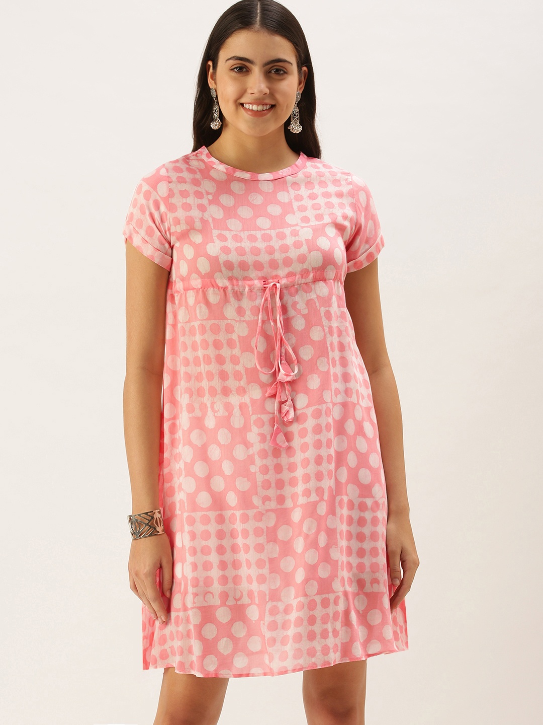 

Saanjh Women Peach-Coloured & White Polka-Dot Empire Dress