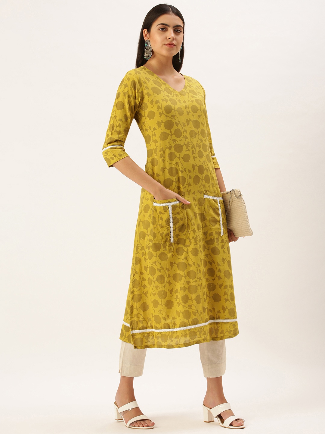 

Saanjh Women Lime Green Ethnic Motifs Print Cotton A-Line Kurta
