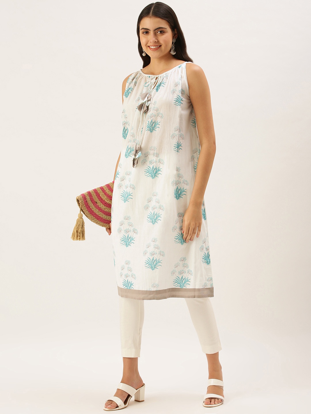 

Saanjh Women White & Sea Green Ethnic Motifs Print Cotton A-Line Kurta