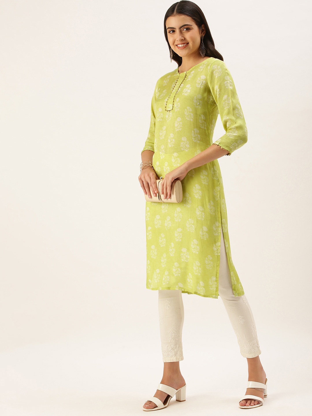 

Saanjh Women Lime Green & White Ethnic Motifs Printed Straight Kurta