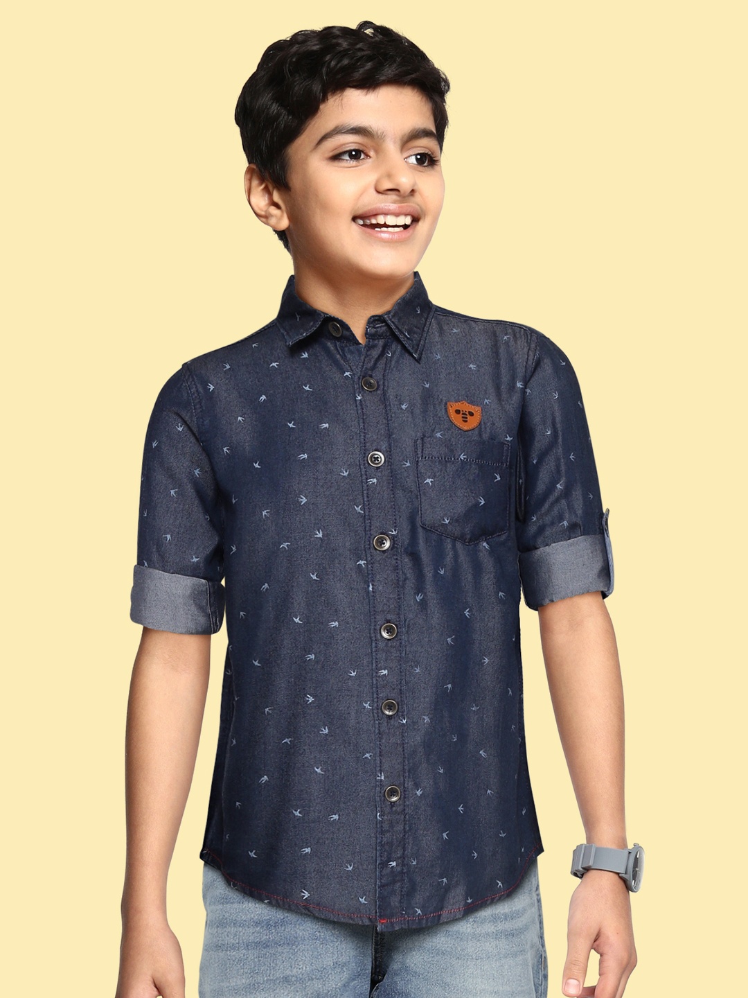 

toothless Boys Navy Blue Pure Cotton Printed Chambray Shirt