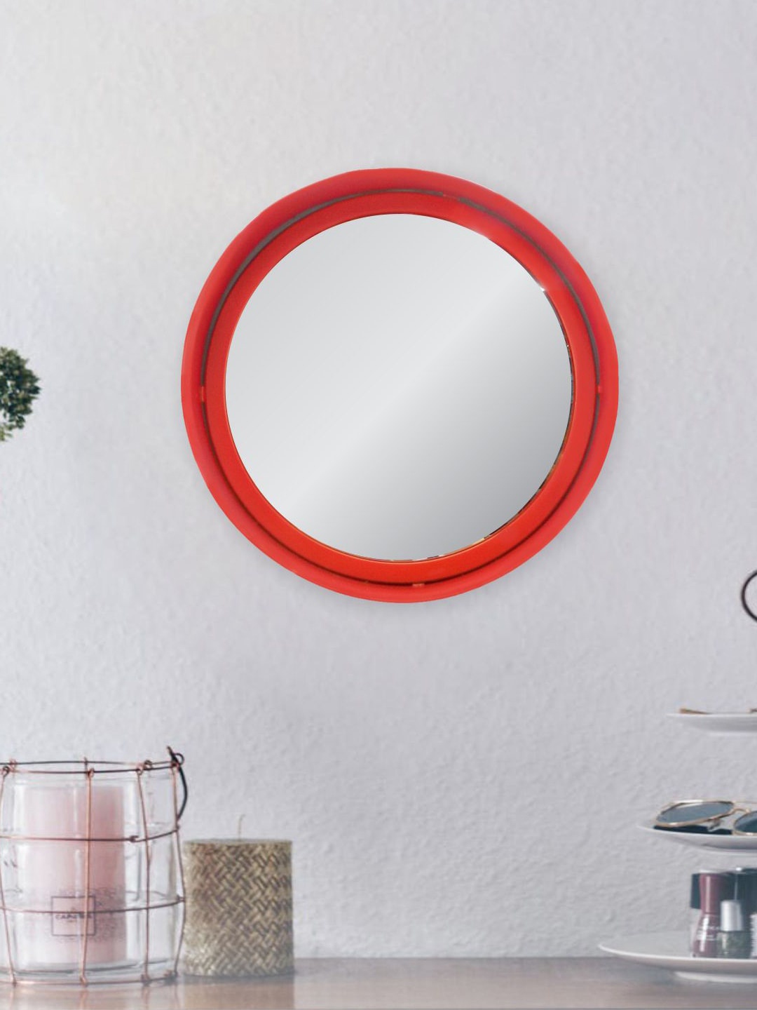 

MARKET99 Red Round Metal Frame Wall Mirror