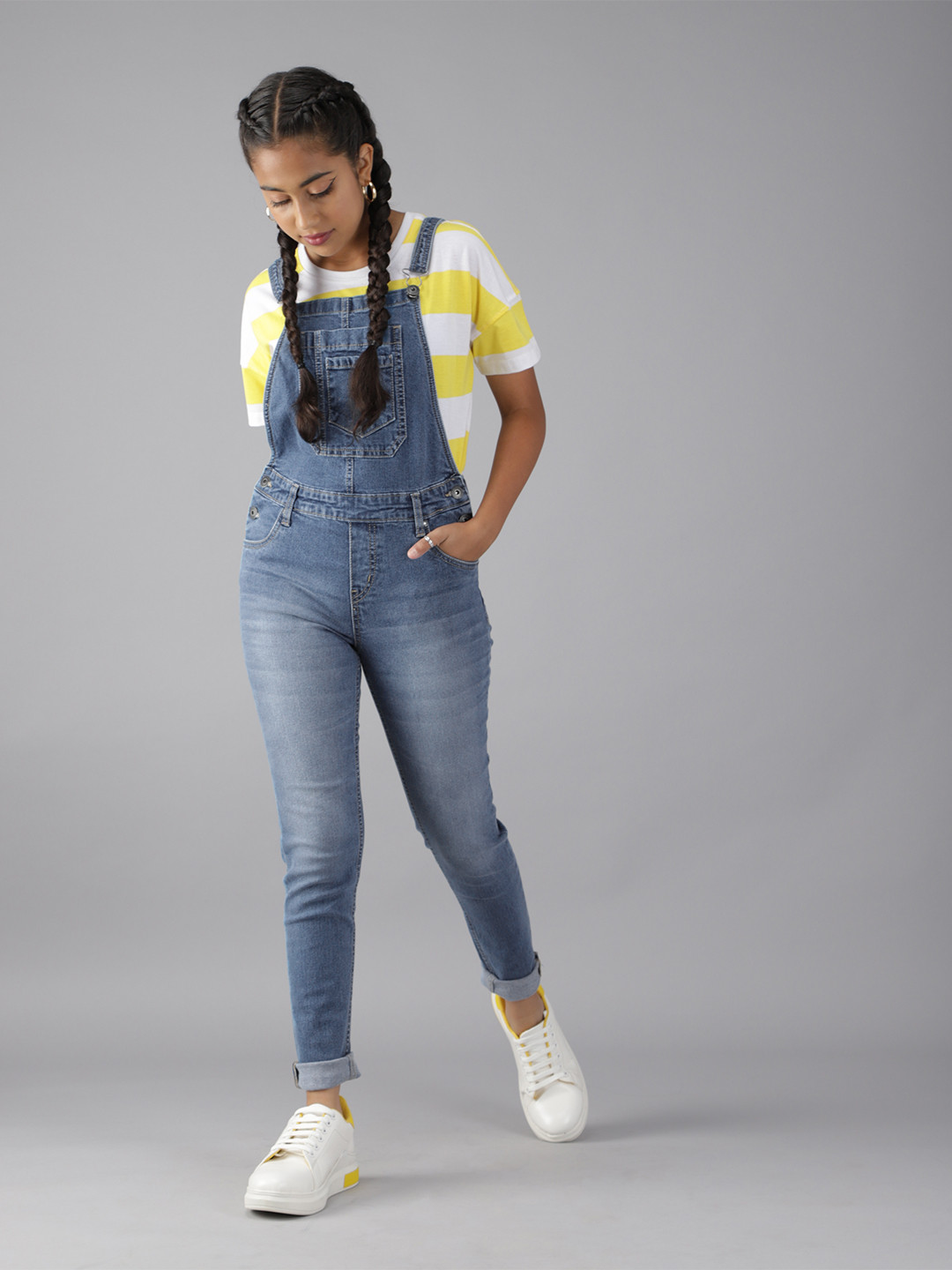 

UTH by Roadster Teen Girls Blue Solid Denim Dungarees with Oversized Patch Pocket