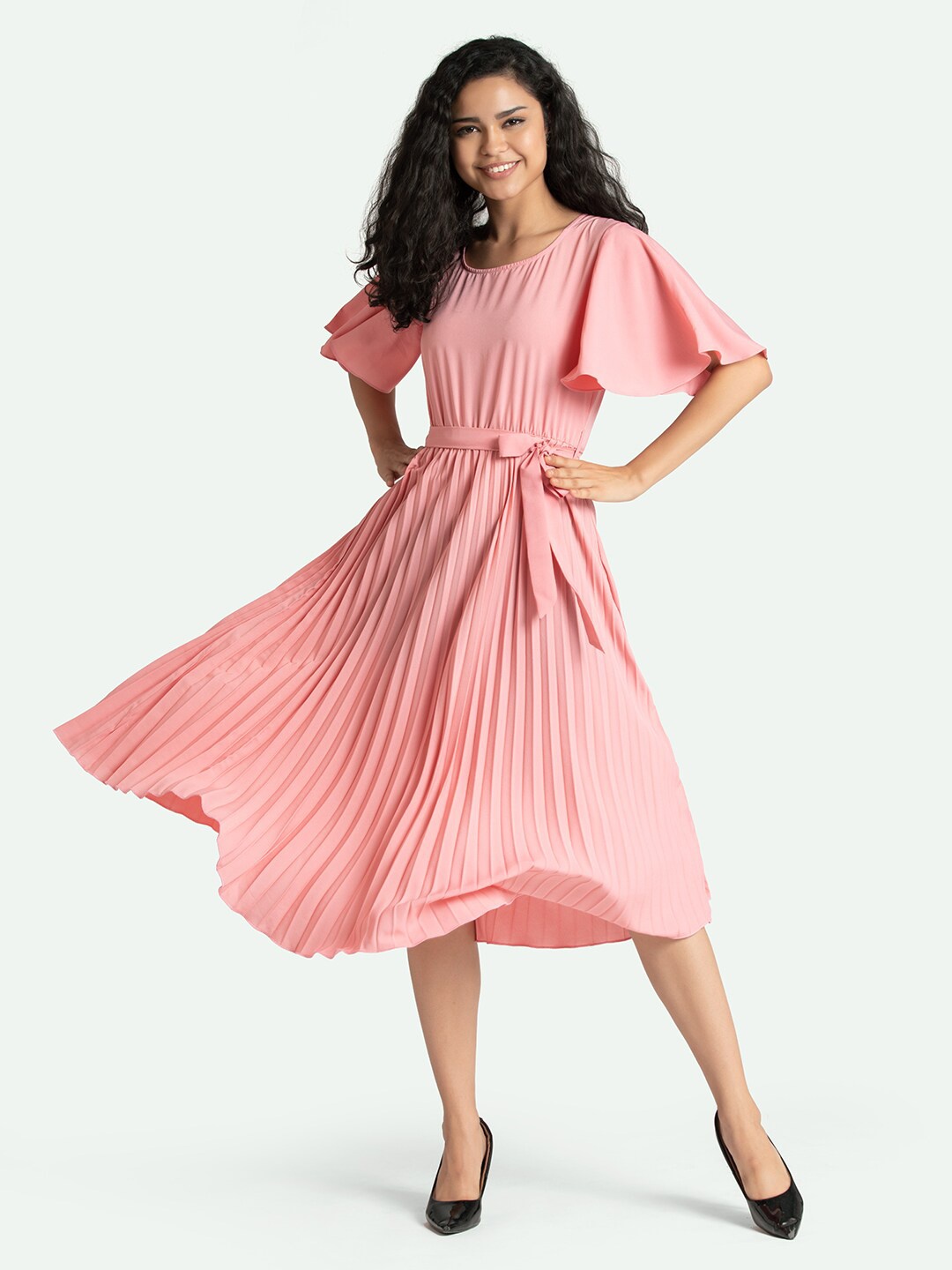 

AASK Pink Crepe Midi A-Line Dress